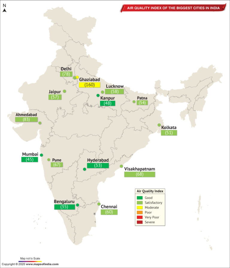 Map Showing Air Quality Index of The Important Cities in India as on July 09, 2020 Live Blog