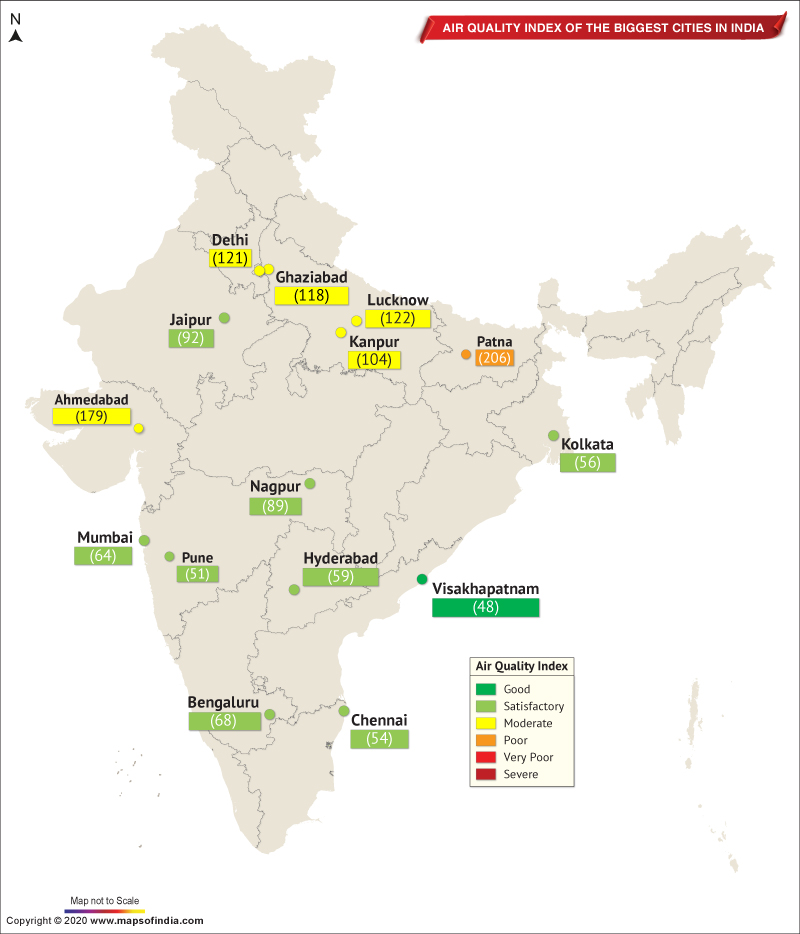 air map of india live Map Showing Air Quality Index Of The Important Cities In India As air map of india live