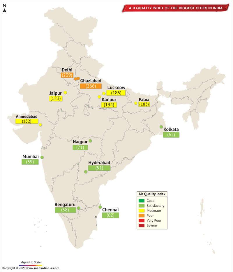 Map of India Depicting Air Quality Index of the Important Cities in India as on October 16, 2020