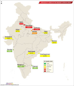 Map of India Depicting Air Quality Index of the Important Cities in India as on October 26, 2020