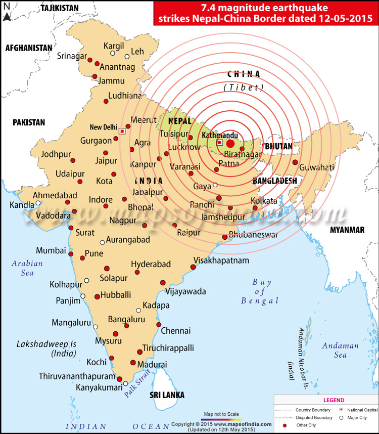 India Nepal and China Earthquake Affected Areas Map