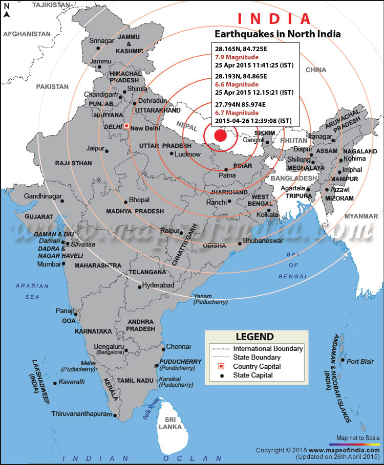 Map showing the location of Earthquake in North India and Nepal