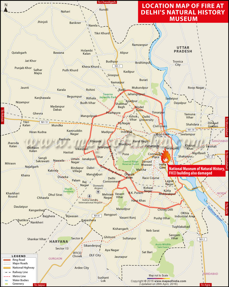 Location Map of Massive Fire at FICCI Building & National Museum of Natural History in Delhi