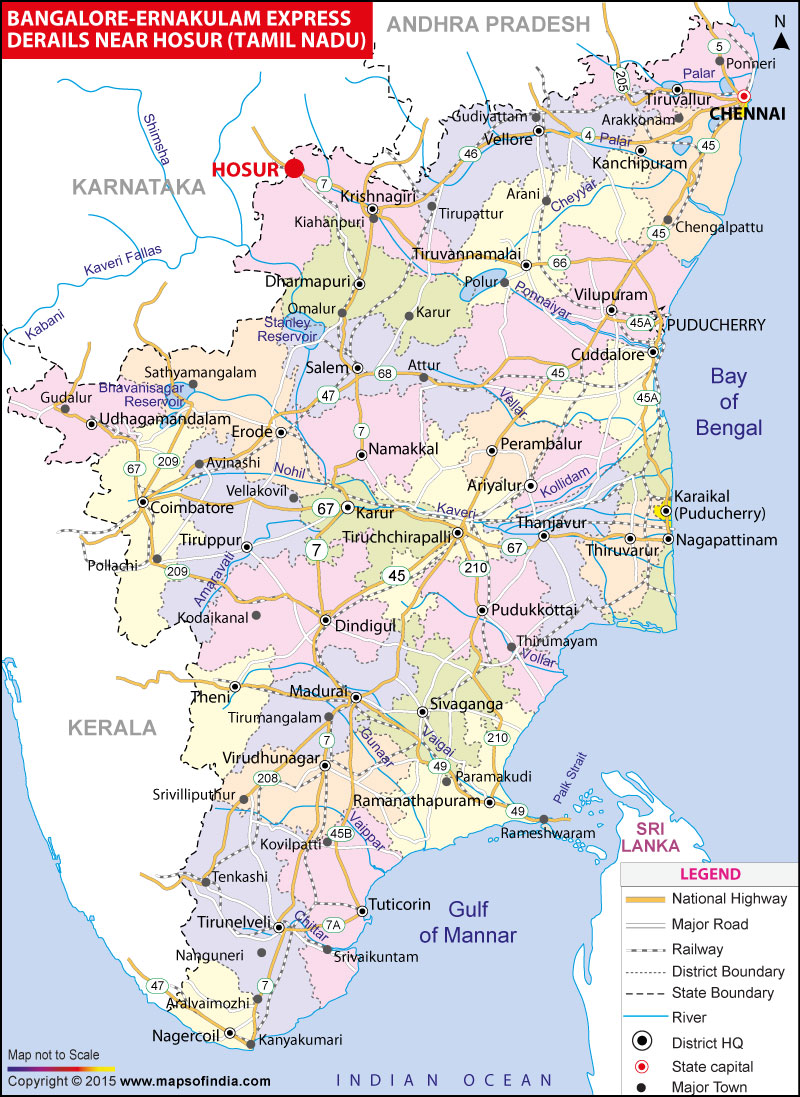 Location Map of Train Derails Near Hossur in Tamil Nadu