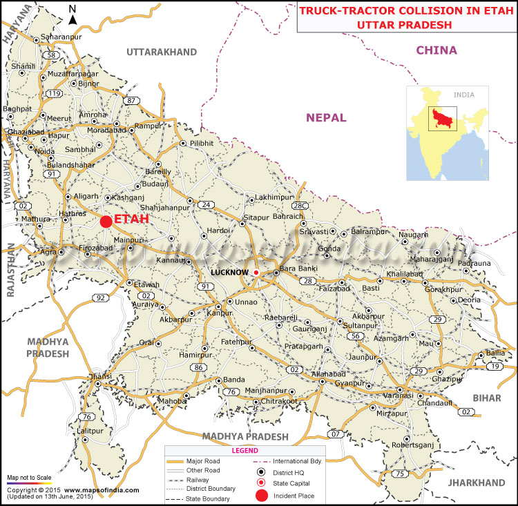 Location map of truck-tractor collision in Etah, Uttar Pradesh