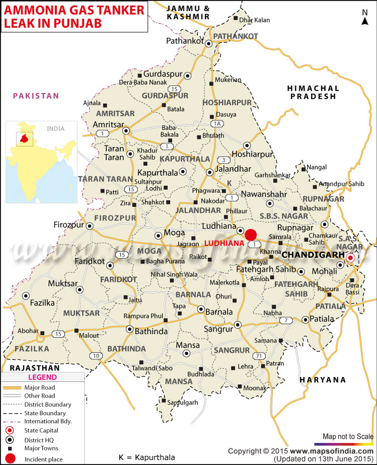 Location map showing ammonia gas tanker leak in Punjab