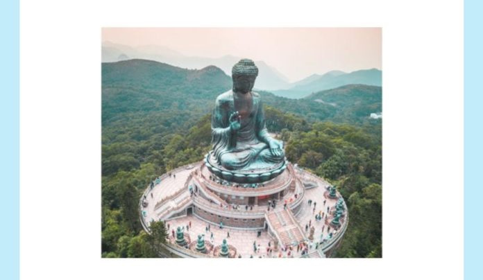 This statue in Hong Kong depicts which of the Five Great Buddhas Amoghasiddhi Akshobhya Vairocana Ratnasambhava