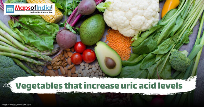Assorted vegetables with text: Vegetables that increase uric acid levels.