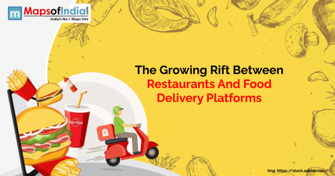 Illustration showing a growing conflict between restaurants and food delivery platforms. The image features a burger, fries, and a soft drink emerging from a mobile screen on the left, and a food delivery rider on a red scooter on the right.