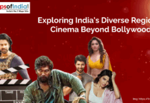 Exploring India’s Diverse Regional Cinema Beyond Bollywood Collage image featuring prominent South Indian cinema actors with a film clapperboard, under the headline "Exploring India's Diverse Regional Cinema Beyond Bollywood" on a red background.