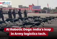 AI Robotic Dogs: India’s Leap in Army Logistics Tech Image showing Indian Army personnel marching alongside AI-powered robotic dogs during a military demonstration. The robots are moving in synchronized formation, showcasing India's advancement in military logistics technology.
