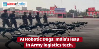 AI Robotic Dogs: India’s Leap in Army Logistics Tech Image showing Indian Army personnel marching alongside AI-powered robotic dogs during a military demonstration. The robots are moving in synchronized formation, showcasing India's advancement in military logistics technology.