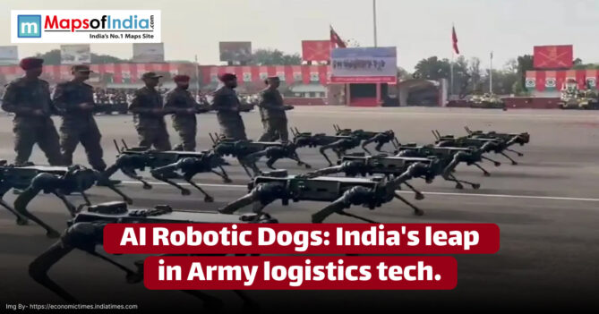 Image showing Indian Army personnel marching alongside AI-powered robotic dogs during a military demonstration. The robots are moving in synchronized formation, showcasing India's advancement in military logistics technology.