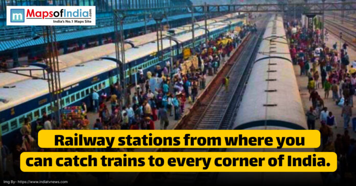 Crowded railway platform with multiple trains and passengers at an Indian railway station, highlighting major junctions that connect to all parts of India.