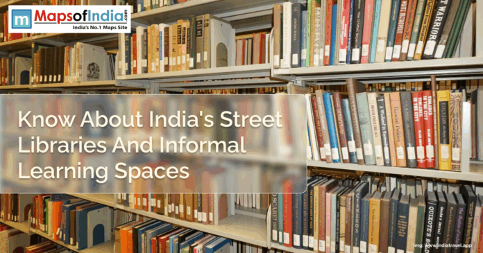 Bookshelves filled with various books in a library, overlaid with the text “Know About India's Street Libraries And Informal Learning Spaces”
