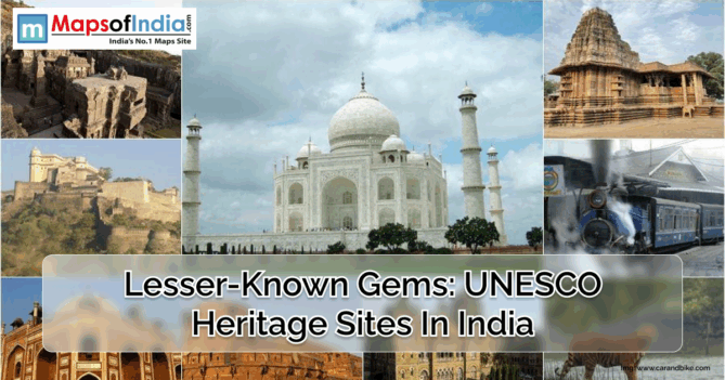 Collage of UNESCO World Heritage Sites in India including the Taj Mahal, Ajanta Caves, Konark Temple, Darjeeling Himalayan Railway, and other historic landmarks, highlighting lesser-known cultural and architectural gems across the country.