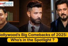 Bollywood’s Big Comebacks of 2025: Who’s in the Spotlight? Bollywood stars making a grand comeback in 2025, posing on the red carpet with flashing cameras and cheering fans in the background.