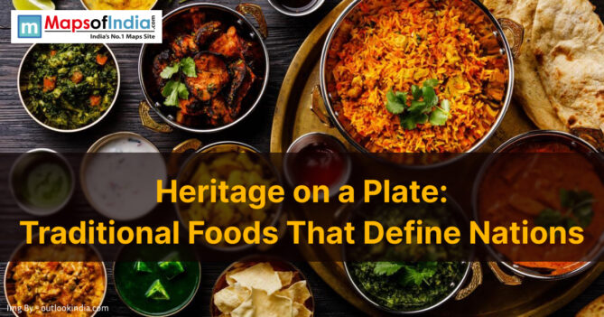 A vibrant spread of traditional dishes from various countries, showcasing cultural diversity and heritage through food.