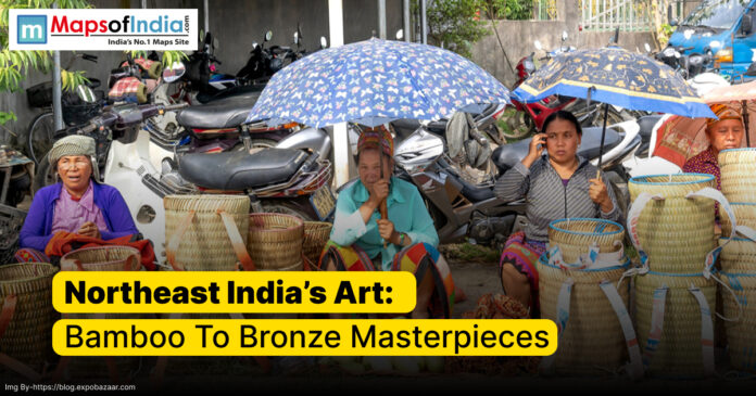 Handcrafted bamboo and bronze crafts from Northeast India displayed at a vibrant local market, showcasing the region’s unique artisanal heritage.