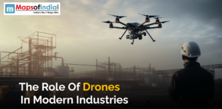 The Role of Drones in Modern Industries A drone flying over a construction site, showcasing its role in modern industries like agriculture, construction, and logistics.
