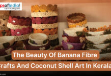 The Beauty of Banana Fiber Crafts and Coconut Shell Art in Kerala Handcrafted baskets made from banana fiber and coconut shell art on display in Kerala, showcasing traditional eco-friendly craftsmanship.