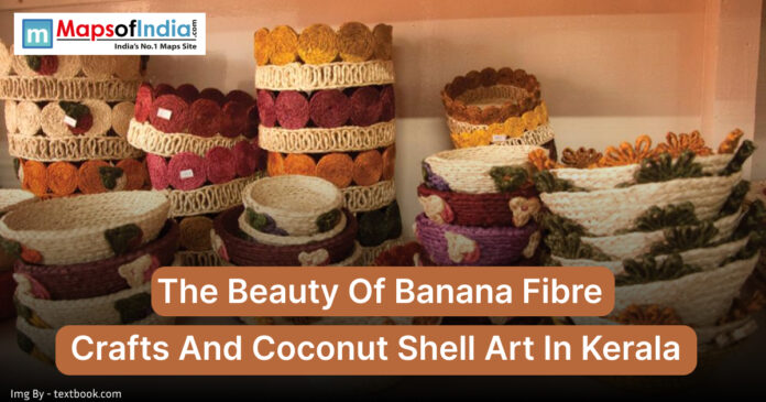 Handcrafted baskets made from banana fiber and coconut shell art on display in Kerala, showcasing traditional eco-friendly craftsmanship.
