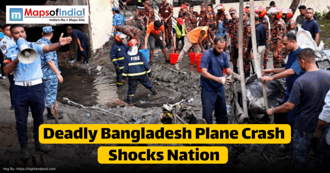 Emergency responders and rescue teams at the muddy crash site of a deadly Bangladesh plane crash, with firefighters and officials clearing debris as onlookers watch; headline reads "Deadly Bangladesh Plane Crash Shocks Nation."