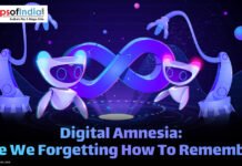 Digital Amnesia: Are We Forgetting How to Remember? Illustration showing two robot-like AI characters with an infinity symbol between them, representing digital amnesia and the impact of technology on memory, with the headline "Digital Amnesia: Are We Forgetting How To Remember?