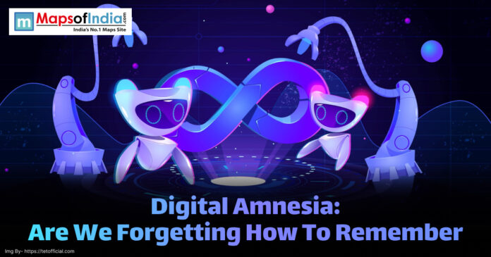Illustration showing two robot-like AI characters with an infinity symbol between them, representing digital amnesia and the impact of technology on memory, with the headline "Digital Amnesia: Are We Forgetting How To Remember?