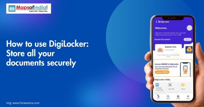 A person holding a smartphone displaying the DigiLocker app interface, with the headline "How to use DigiLocker: Store all your documents securely"
