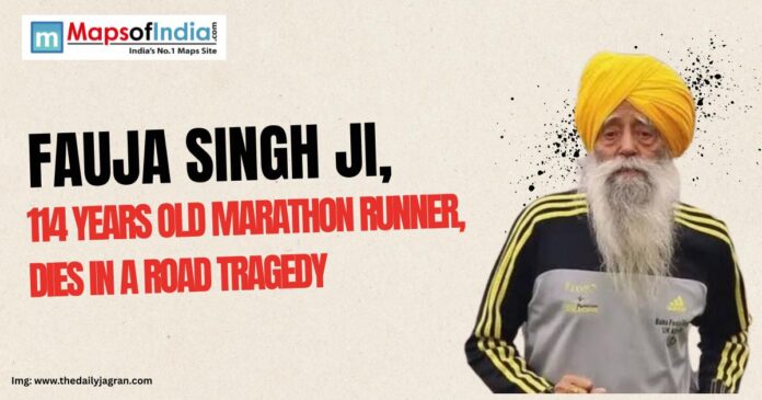Image showing Fauja Singh Ji, the world-renowned 114-year-old marathon runner, wearing a yellow turban and sportswear.