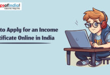 How to Apply for an Income Certificate Online in India Illustration of a young boy wearing headphones and glasses, sitting at a desk using a laptop