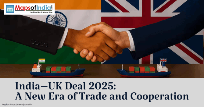 Two businessmen shaking hands in front of the Indian and UK flags, symbolizing the India–UK Deal 2025, with cargo ships representing trade and cooperation.
