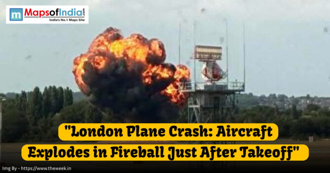A massive fireball erupts into the sky after a plane crashes shortly after takeoff at London Southend Airport, with dark smoke billowing near a radar tower.