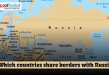 Which Countries Share a Border with Russia? Map highlighting Russia and its neighboring countries that share land borders, including nations in Europe and Asia such as Norway, Finland, China, Mongolia, and Kazakhstan.