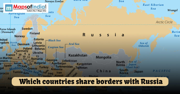 Map highlighting Russia and its neighboring countries that share land borders, including nations in Europe and Asia such as Norway, Finland, China, Mongolia, and Kazakhstan.
