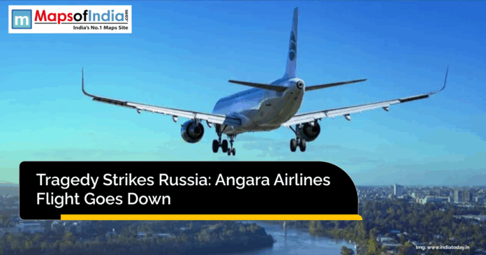 Passenger aircraft descending toward a city landscape under clear blue skies, representing the tragic crash of an Angara Airlines flight in Russia.