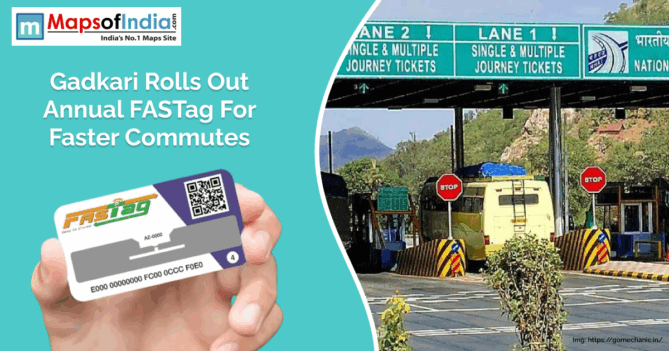 Visual showing a toll plaza with a yellow bus and a hand holding an annual FASTag card, highlighting Gadkari’s rollout for faster commutes in India.
