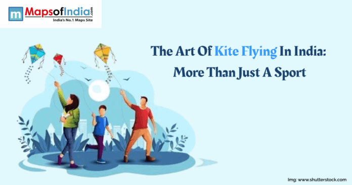 Illustration of a family flying colorful kites under a bright sky, representing the cultural tradition of kite flying in India