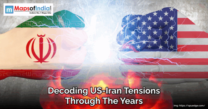 Illustration showing key events and turning points in the history of US-Iran tensions over the decades.