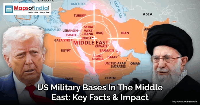 Map of the Middle East highlighting US military bases, with images of Donald Trump and Iran's Supreme Leader symbolizing geopolitical tensions in the region.
