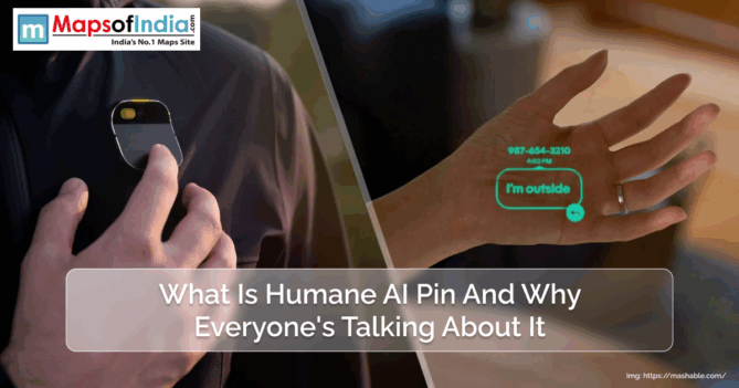 A person using the Humane AI Pin, a wearable device clipped onto clothing, with a projected user interface displaying a message on their hand.