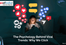 The Psychology Behind Viral Trends: Why We Click A young woman sits in bed at night staring at her phone, surrounded by floating icons of likes, hearts, comments, and notifications, representing the addictive nature of viral content and social media engagement.