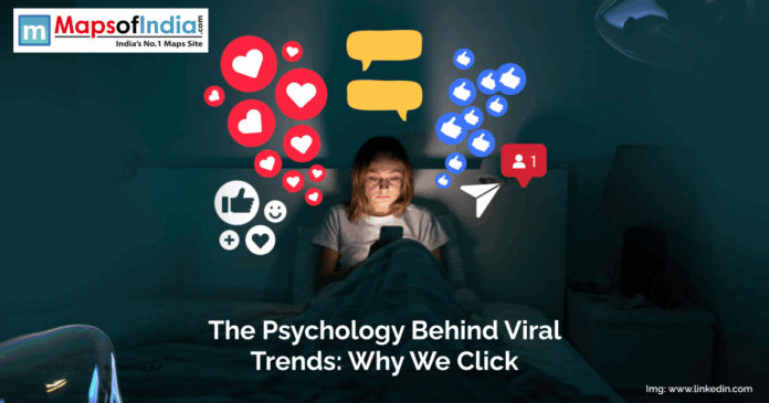 A young woman sits in bed at night staring at her phone, surrounded by floating icons of likes, hearts, comments, and notifications, representing the addictive nature of viral content and social media engagement.