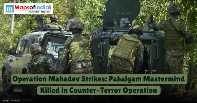 Indian Army soldiers in full gear during Operation Mahadev, conducting a counter-terror operation in a forested area where the Pahalgam mastermind was neutralized.
