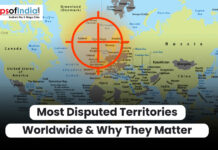 Most Disputed Territories Worldwide & Why They Matter World map showing geopolitical focus on Europe and Asia, highlighting global disputed territories, with a target symbol emphasizing international conflicts.
