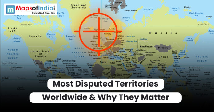 World map showing geopolitical focus on Europe and Asia, highlighting global disputed territories, with a target symbol emphasizing international conflicts.