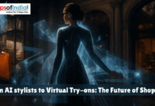 From AI Stylists to Virtual Try-Ons: The Future of Shopping A digitally enhanced image of a woman standing in a high-end clothing store, wearing a futuristic dress with virtual elements and holographic projections, symbolizing AI-powered fashion and virtual try-on technology.