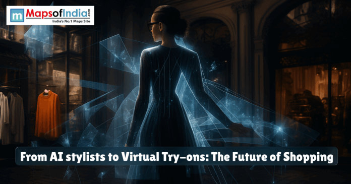 A digitally enhanced image of a woman standing in a high-end clothing store, wearing a futuristic dress with virtual elements and holographic projections, symbolizing AI-powered fashion and virtual try-on technology.