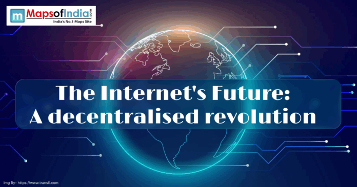 Illustration of a glowing digital globe with data lines representing global connectivity, featuring the title "The Internet's Future: A Decentralized Revolution"